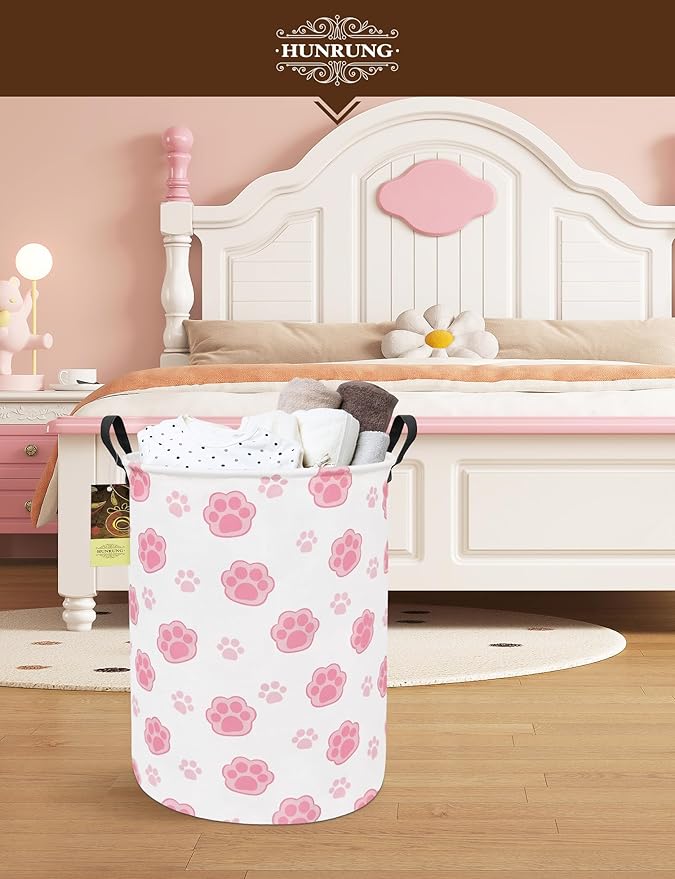 HUNRUNG Laundry Hamper,Large Canvas Fabric Lightweight Storage Basket Toy Organizer Dirty Clothes Collapsible Waterproof for College Dorms（Round-Pink Paw）