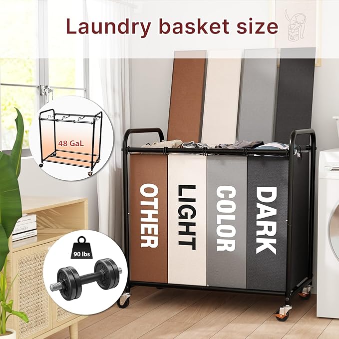 4-Compartment Laundry Cart with Lockable Wheels & Lid 180L Large Wheeled Laundry Basket Heavy-Duty Sorting Organizer for Laundry Room (Multicolor)