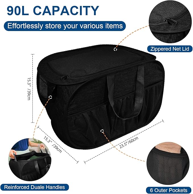 Collapsible Laundry Baskets, Tear Proof Pop Up Laundry Hamper with Lid, Dual Handles Durable Foldable Laundry Basket, Easy to Carry Laundry Hamper for Home, Laundry Room, Bedroom, Dorm, Travel Black