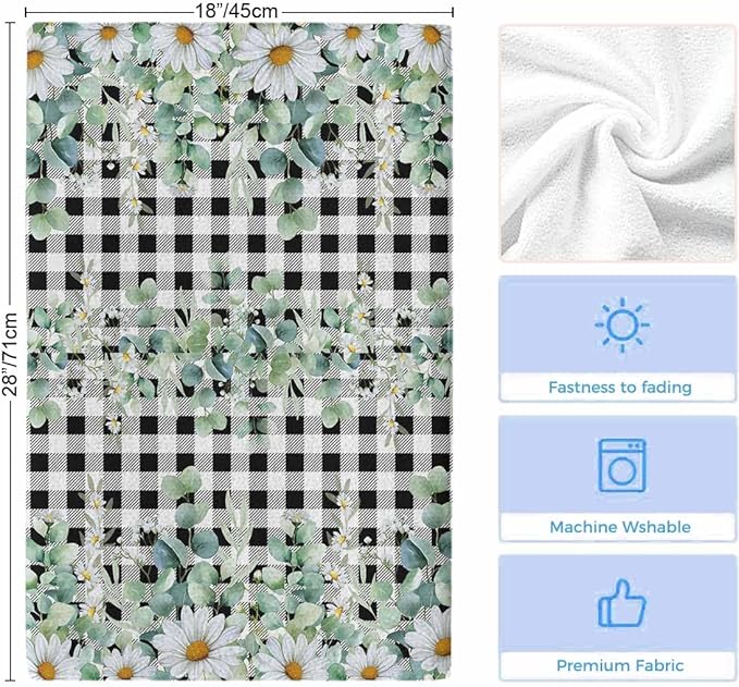 Microfiber Kitchen Towel, Green Eucalyptus Leaves Soft Absorbent Dish Towels, Summer Botanical Daisy Black Plaid Quick Drying Washable Dishcloths for Kitchen Cleaning, Drying Dishes, 18x28 Inches