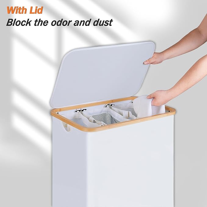 efluky Laundry Hamper with Lid, Double Laundry Hamper with 2 Removable Bags, 2 Section Laundry Basket with Bamboo Handles for Bathroom, Bedroom & Laundry Room (White, 160L Trio)