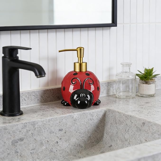 17 OZ Ladybug Ceramic Soap Dispenser with ABS Pump,Refillable Liquid Bathroom soap Dispenser for Lotion ,Body Wash ,Cute Kitchen Soap Dispenser for Dish Soap,Hand Soap