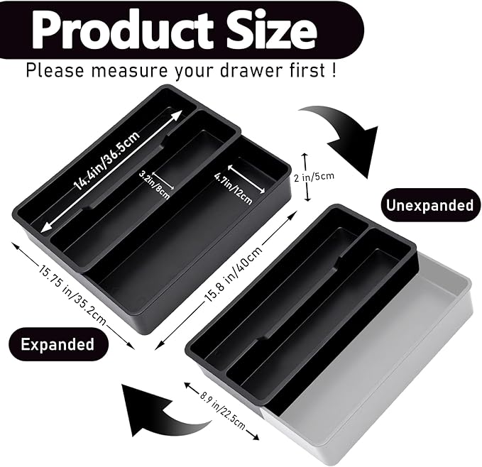 Kitchen Utensil Drawer Organizer, Expandable Cooking Silverware Tray, Adjustable Cutlery Flatware Holder for Spoon Fork Knife, 3 Compartments Black Plastic Spatula Tools Gadgets Storage Divider