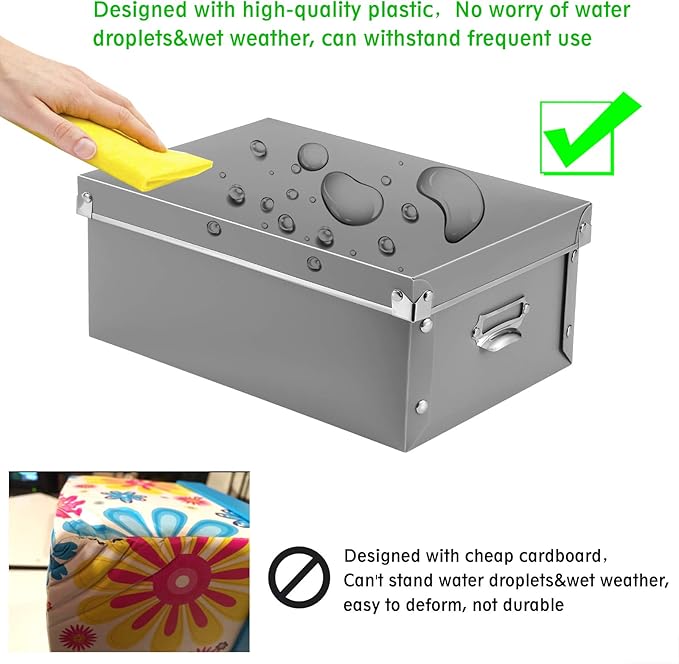 SEEKIND Storage Box, Decorative Storage Bins with Lid,3 in 1 Set,Plastic,with Handles,Press-Stud Fastening,Moisture-Proof,Foldable for Space Saving Storage,for Clothes, Cosmetic,Blankets (Grey) …