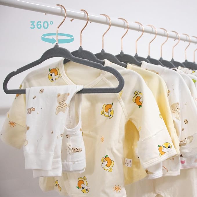 Velvet Baby Hangers 30 Pack - 11 Inch Non-Slip Kids Hanger for Newborn Clothes - Small Toddler Child Hangers Durable for Every Use - 10 Hanger Clips Included, Gray