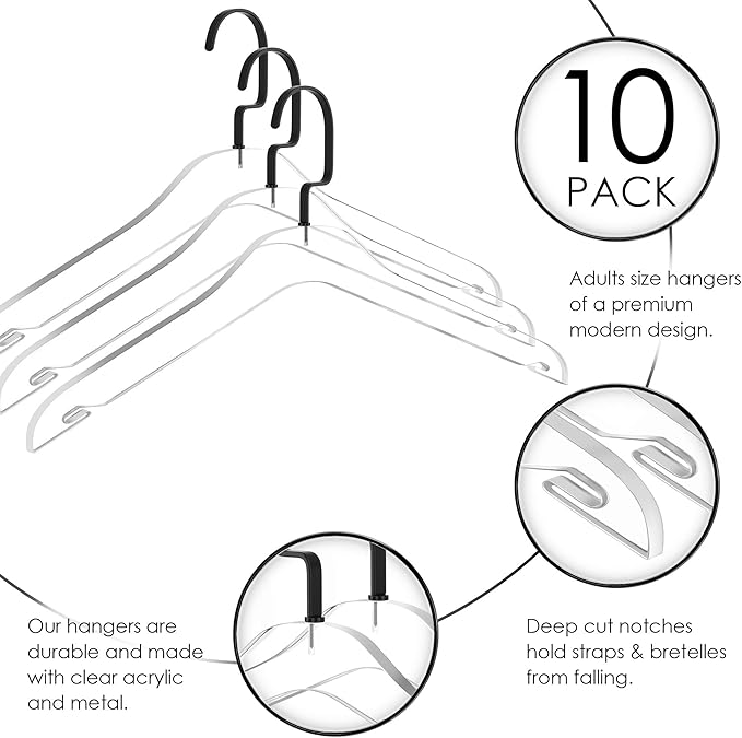 Acrylic Hanger | Sleek, Modern Clothes Hanger with Black Hook | High End Closest Organizer Space Saving Hangers for Shirts, Jackets, Sweaters, Tops & More | 10 Pack