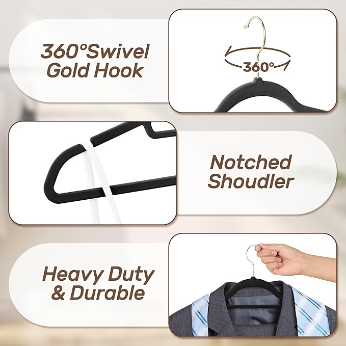 Velvet Hangers 30 Pack with Gold Hooks, Non-Slip Slim Felt Hanger for Clothes, Space Saving Heavy Duty Flocked Hangers for Dresses, Coats, Pants(Black)