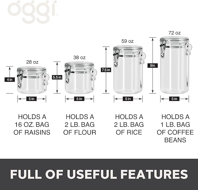 Oggi 4pc Clear Canister Set with Clamp Lids Airtight Containers in Sizes Ideal for Kitchen & Pantry Storage of Bulk, Dry Foods Including Flour, Sugar, Coffee, Rice, Tea, Spices & Herbs (Pack of 3)