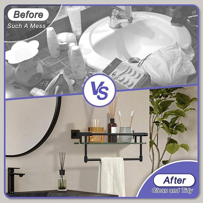 Glass Shelf for Bathroom 16 Inch Bathroom Shelves with Towel Bar, Tempered Glass Shelves with Stainless Steel Towel Holder for Wall Shelf Sink Over Toilet (Matte Black)