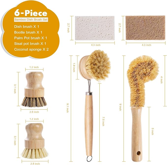 6 Piece Bamboo Dish Brush Set with Coconut Sponge - Wooden Dish Brush with Sisal and Palm Fiber, Natural Bamboo Dish Scrub Brush for Kitchen Cleaning Dishes, Pots, Pans, Bottles, Vegetables