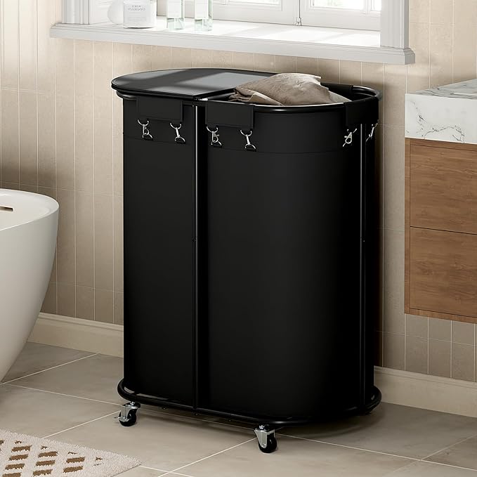 Chrislley 200L Double Laundry Hamper with Wheels and Lid, Large Oval Rolling Laundry Basket 2 section, Laundry Cart with Removable Bags and Iron Frame, Dirty Clothes Hamper for Home, Dorm, Black