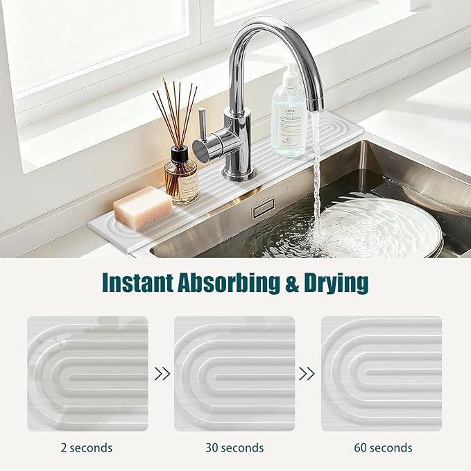 Stone Sink Mat for Kitchen - Water Absorbent Stone Tray, Quick Dry Faucet Mat, Kitchen Sink Splash Guard,Sink Mat & Base Faucet Mat for Counter Protection[White, 23.6"x4"]
