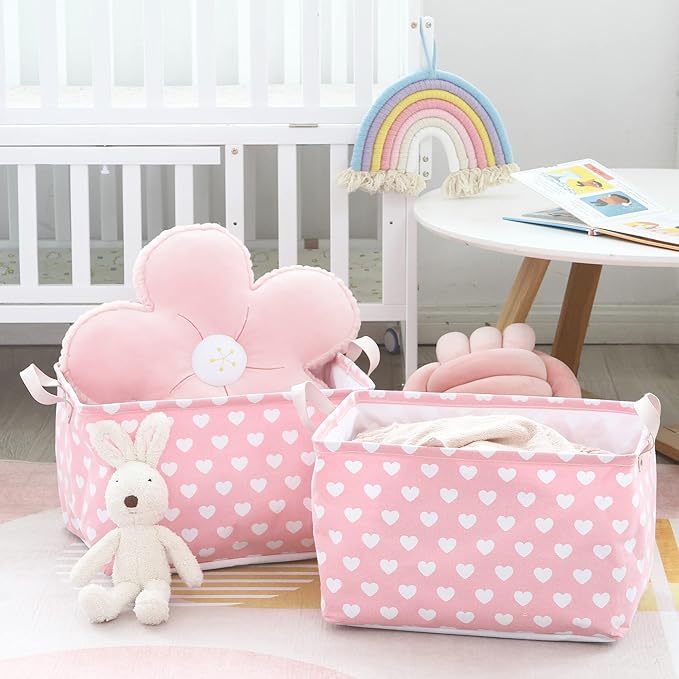 Hinwo 2-Pack Large Canvas Fabric Storage Basket with Handles, 33L/8.6-Gal Rectangle Bin, Collapsible Storage Box, Clothes, Toys, Blankets Organizer, 16.5 x 12 x 10 Inches (L, Pink Heart)