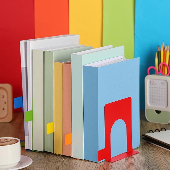5 Set Metal Book Ends for Shelves Rainbow Book Shelf Dividers Library Shelf Marker Bookends Stopper Colorful Office Stand Holder for Heavy Books Desk Home Movies Kitchen Cds