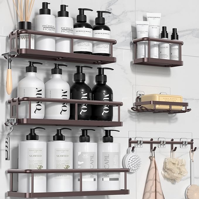 YASONIC Shower Caddy, 6 Pack Large Capacity shower Organizer with Soap Holder and 12 Hooks, Rustproof Shelves for Inside Shower, No Drilling&Sleek Bathroom Organizers and Storage Bronze XL