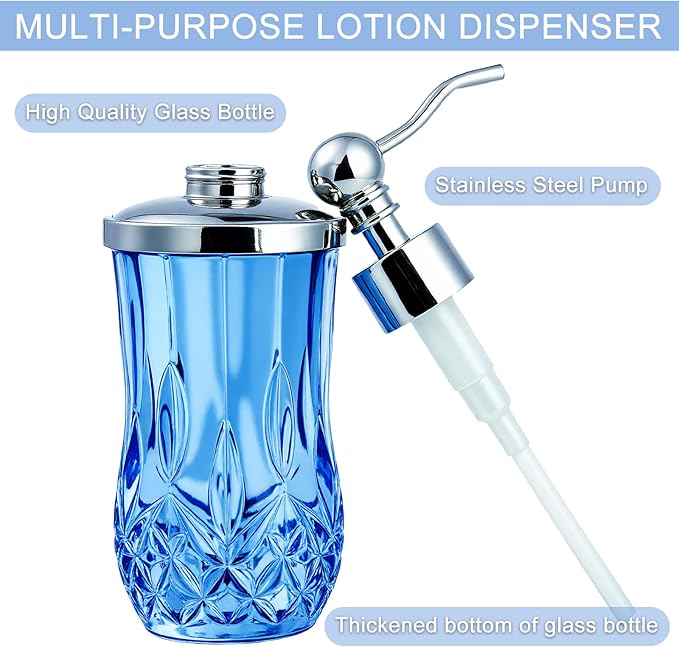 9Oz Blue Glass Soap Dispenser with Silver Pump,Lead-Free Thick-Cut Glass,Countertop Soap Dispensers for Bathroom & Kitchen,Round