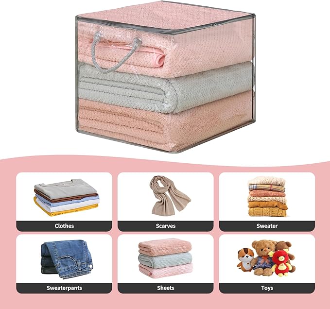 10 PCS Clear Zippered Storage Bags with Handles,Sweater Storage with Two-way Zipper,Foldable Closet Organizer Bed Sheet Organizer,Cube Plastic Organizer,Bag,Bin,for Clothes,Towel-GY