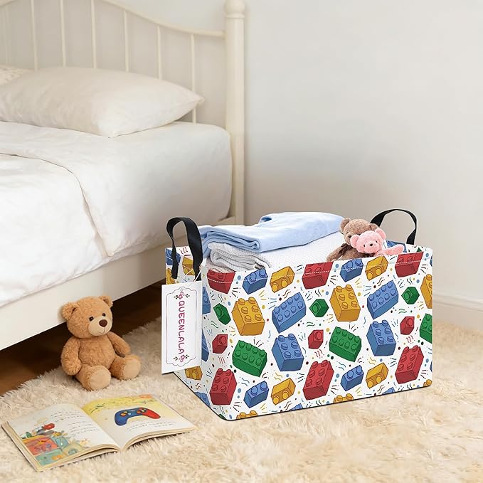 QUEENLALA Rectangular Laundry Hamper/Foldable Nursery Laundry Basket for Organizing/Storage Bin Baskets/Children Toy Office Bedroom/Toy Bin Closet Shelf Baskets (Rec-Blocks)