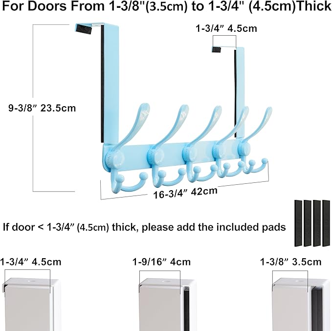 Dseap Over Door Hook 2.0 - Upgraded Version - Simple-Assembly, Strong, Heavy-Duty Stainless Steel 5-Tri-Hook Over The Door Hanger Rack, SimpleStrong Series, Blue, Pack of 2