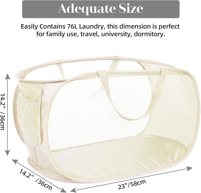 2 Pcs Durable Collapsible Laundry Baskets - Reinforced Mesh Pop Up Laundry Hamper with Pocket, Foldable Dirty Clothes Hamper with Carry Handles for Laundry, Bathroom, Kids Room, Dorm or Travel Beige