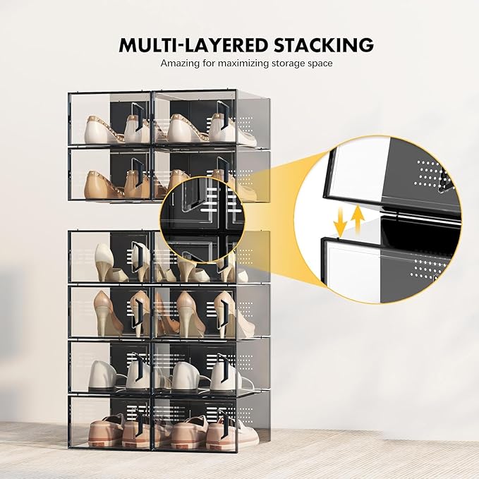 SEE SPRING X-Large Shoe Storage Box Fit Size 11, Clear Plastic Stackable Shoe Organizer for Closet, Space Saving Sneaker Shoe Rack Containers Bins Holders for Entryway, Under Bed, 12 Pack Black