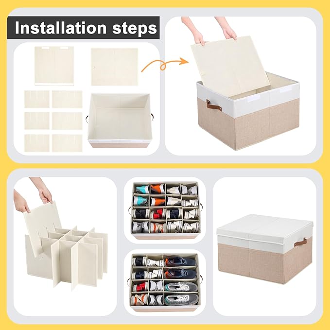 Shoe Organizer 16 Pairs, Large Shoe Storage Box Bin Containers with Adjustable Dividers for Sandals, High Heels, Sneakers, Stackable and Foldable (Beige and White)