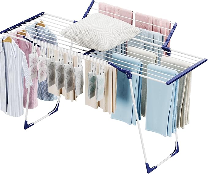 APEXCHASER Clothes Drying Rack - Foldable Laundry Rack Indoor Outdoor, Gullwing Drying Rack Clothing with 10pcs Clips + Bag, Collapsible Space-Saving Clothes Rack for Drying Towels Dolls, White