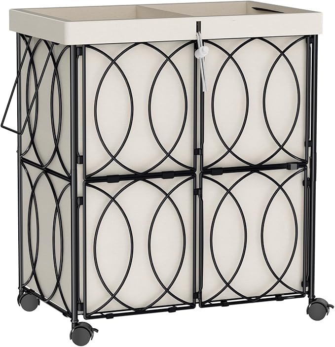 VIPLEO Laundry Hamper with 2 Section, Large 105L Rolling Laundry Basket with Wheels, Metal Heavy Duty Laundry Hamper with Detachable Bags, Dirty Clothes Hamper Organizer for Bedroom, Bathroom(Beige)