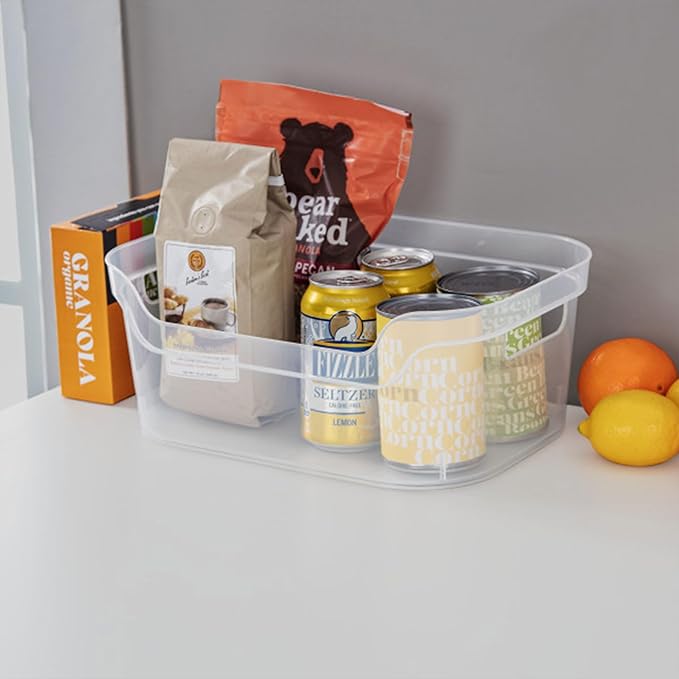 Sterilite 5.25x9.5x13 In Medium Polished Open Scoop Front Storage Bin w/Comfortable Carry Through Handles for Household Organization, Clear (16 Pack)