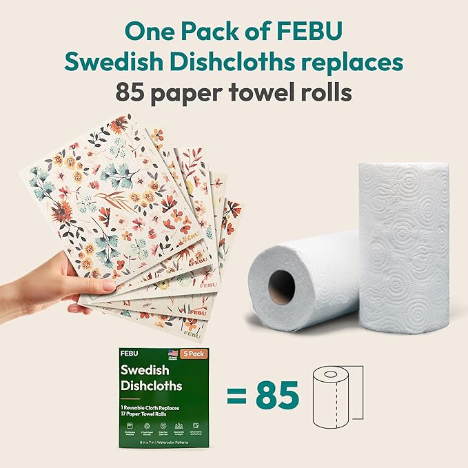 FEBU Swedish Dishcloths for Kitchen | 5 Pack Neutral Reusable Paper Towels Washable | Swedish Dish Towels | Non-Scratch Cellulose Sponge Cloths | No Odor, Biodegradable Cleaning Cloths