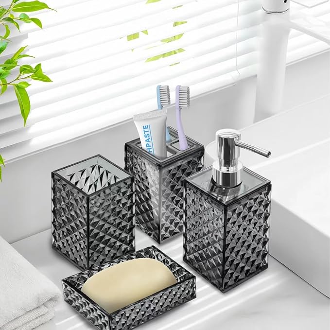 Bathroom Accessory Set, 4 PCS Grey Bathroom Accessories Set, Soap Dispenser and Toothbrush Holder Set, Soap Dish and Mouthwash Cup, Boho Bathroom Decor, Bathroom Sets Accessories