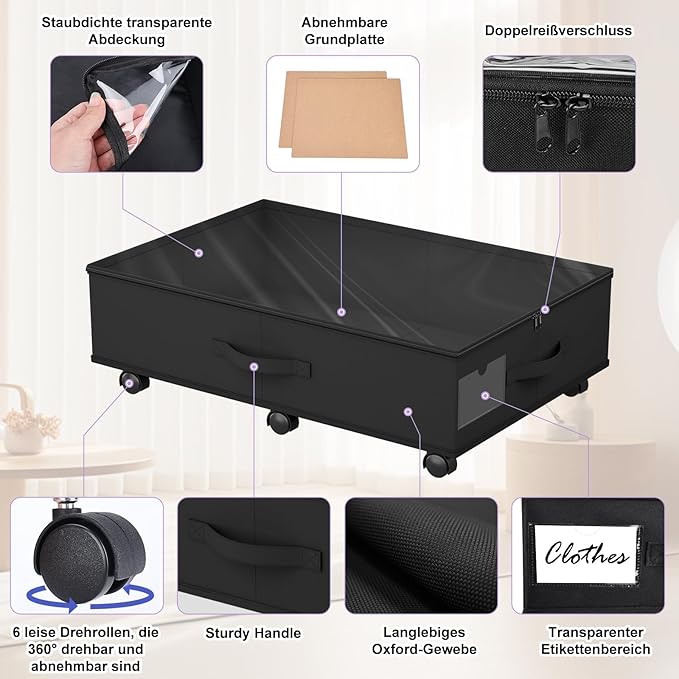 Babenest 2-Pack Under Bed Storage Organizer with Clear Zippered Lid, Foldable Rolling Underbed Drawers on 6 Wheels, Space Saving Clothes, Shoes, Toy Storage for Bedroom, Dorm, Closet