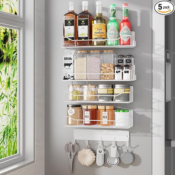 Magnetic Spice Rack for Refrigerator, 5 Pack Metal Strong Magnet Spice Organizer Shelves with Hook Rack, Space Saving Magnetic Fridge Shelf for Home Kitchen Organization and Storage (White)