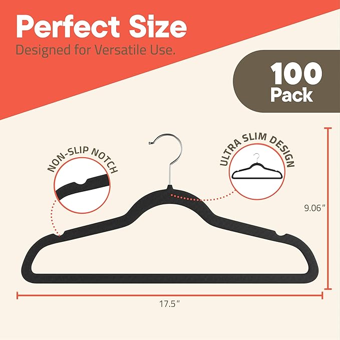 Black Velvet Hangers 100 Pack – 360° Swivel Hook, Non-Slip and Space Saving Hangers, Heavy-Duty 11 lbs Weight Capacity - Smooth Velvet Finish for Crease-Free Clothes and Effortless Closet Organization