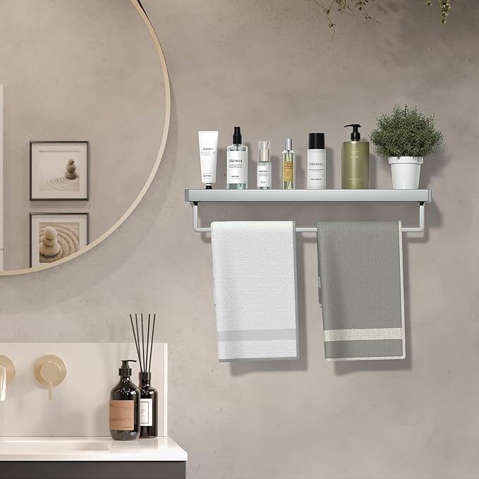 SFGSOWOR Bathroom Shelves Glass Bathroom Shelf with Towel Bar, Floating Shelves for Living Room/Study Room Tempered Glass Rectangular 1 Tier Organizer Wall Shelf (Chrome Polished, 20'')