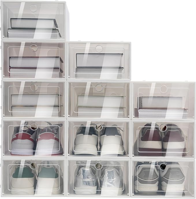 24 Pack Large Shoe Storage Boxes up to Size 10, Plastic Stackable Shoe Organizers, White Rack Closet, Shoe Cabinet with Clear Door, Sturdy Shoe Storage Boxes for Closet, Entryway