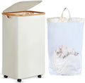 efluky Slim Laundry Basket with Wheels, Narrow Rolling Laundry Hamper with Lid and Removable Bag, Tall Aesthetic Dirty Clothes Hamper on Wheels for Laundry Room, Bedroom, Dorm and Bathroom, 100L Beige