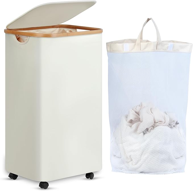 efluky Slim Laundry Basket with Wheels, Narrow Rolling Laundry Hamper with Lid and Removable Bag, Tall Aesthetic Dirty Clothes Hamper on Wheels for Laundry Room, Bedroom, Dorm and Bathroom, 100L Beige