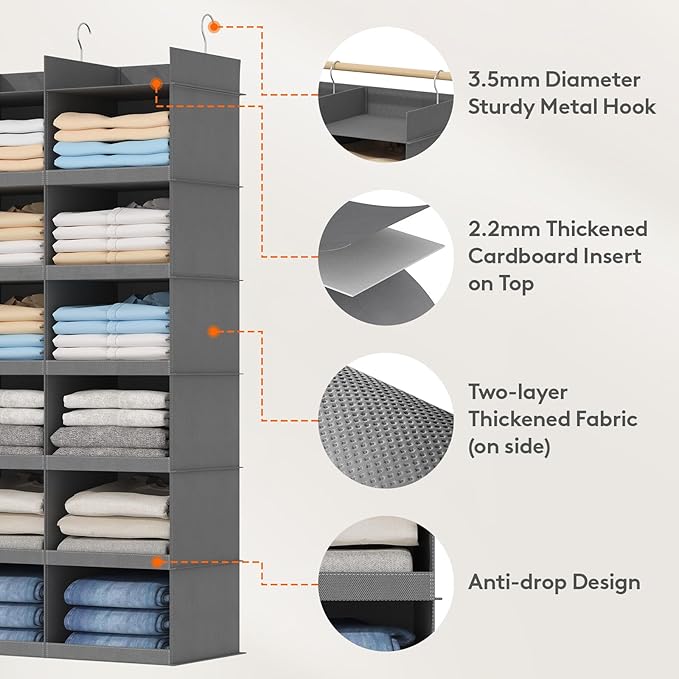 Lifewit Dual-Row Shelf Hanging Closet Organizer and Storage, Clothes Shelves with 3 Sturdy Hooks for Clothing Organization, Foldable Container Hold Up to 30 Sweaters, 5 Tier 10 Sections, Gray