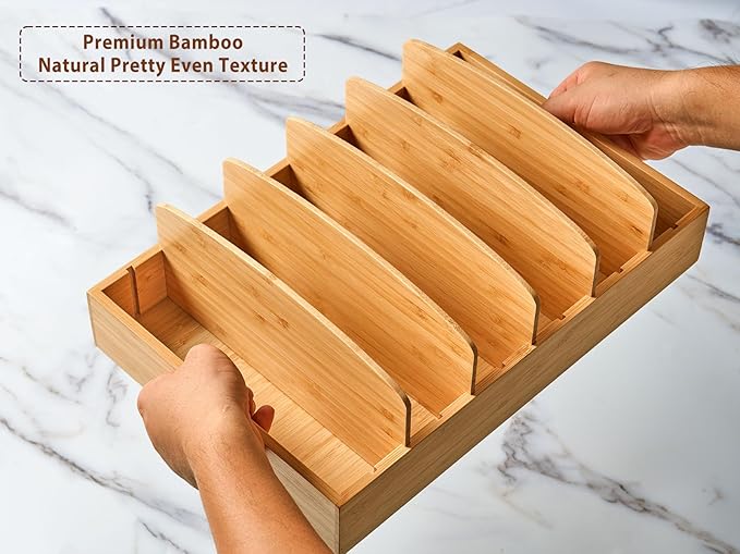Umilife Large Food Container Lids Organizer for Kitchen Cabinet and Drawer, Bamboo Organizer with 5 Tall Adjustable Dividers, Plastic Lids Organization and Storage