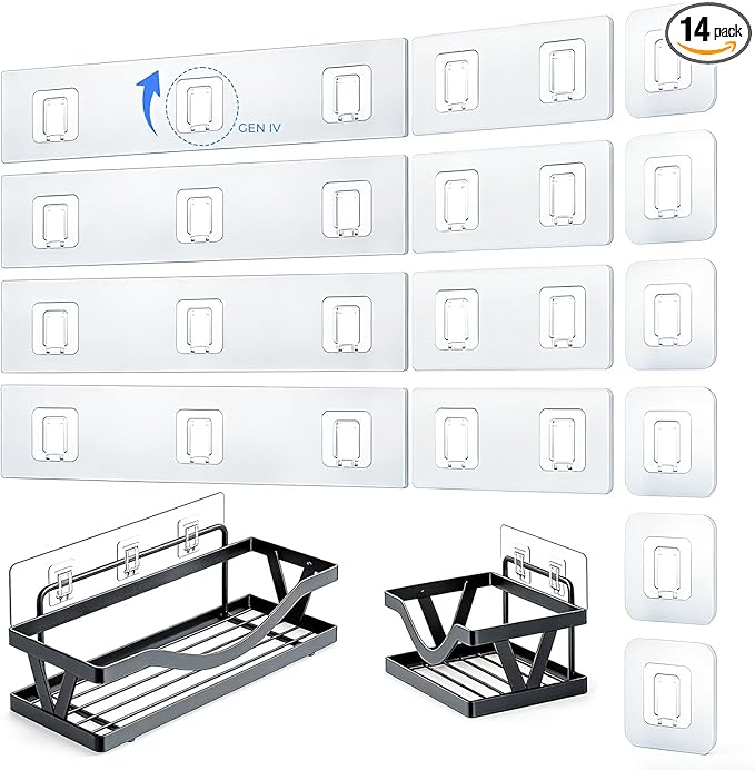 EJGIEGSO 14 Pack Shower Caddy Adhesive Replacement Flat Strips, Heavy Duty Transparent Waterproof Hooks for Bathroom Storage Shelves, No-Drilling Sticky Wall Mount Hooks for Kitchen Organizers