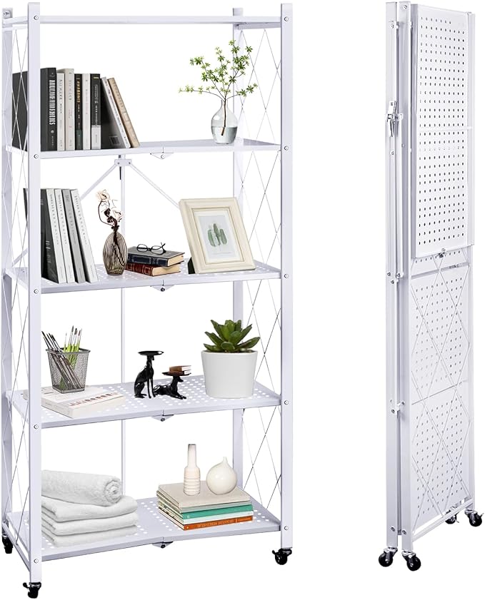 5-Tier Foldable Storage Shelf with Wheels, Metal Collapsible Shelving Unit, Heavy-Duty Rolling Cart for Kitchen Pantry Garage Office, Pre-Assembled Organizer Rack – White