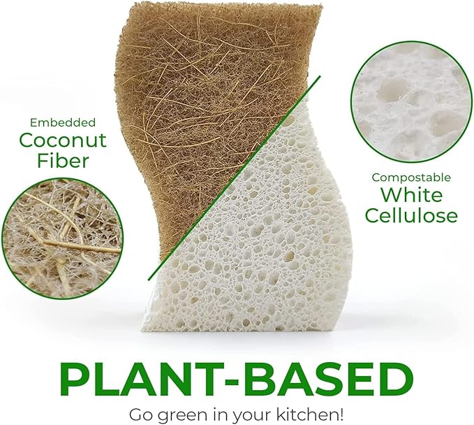 Biodegradable Natural Kitchen Sponge - Compostable Cellulose and Coconut Walnut Scrubber Sponge (24 Pack)