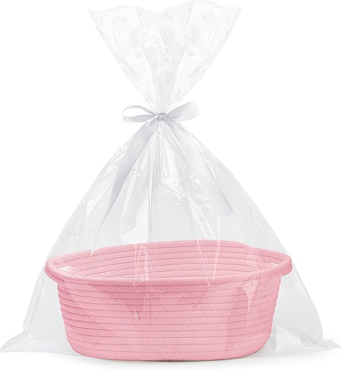 Pro Goleem Small Woven Basket with Gift Bags and Ribbons Durable Baskets for Gifts Empty Small Rope Basket for Storage 12"X 8" X 5" Baby Toy Basket with Handles, Pink