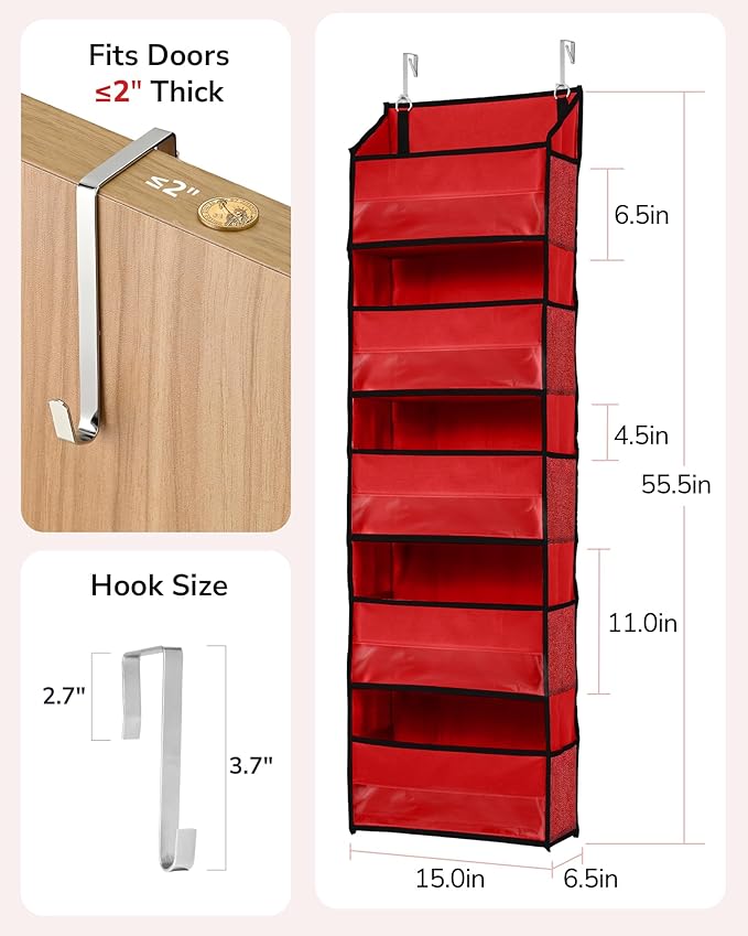 ULG 1 Pack Over The Door Organizer – 5 Shelf Door Organizer Hanging & 10 Side Pockets, Reinforced 44LB Capacity Hanging Organizer, Behind The Door Storage for Bedroom, Nursery, Christmas (Red)