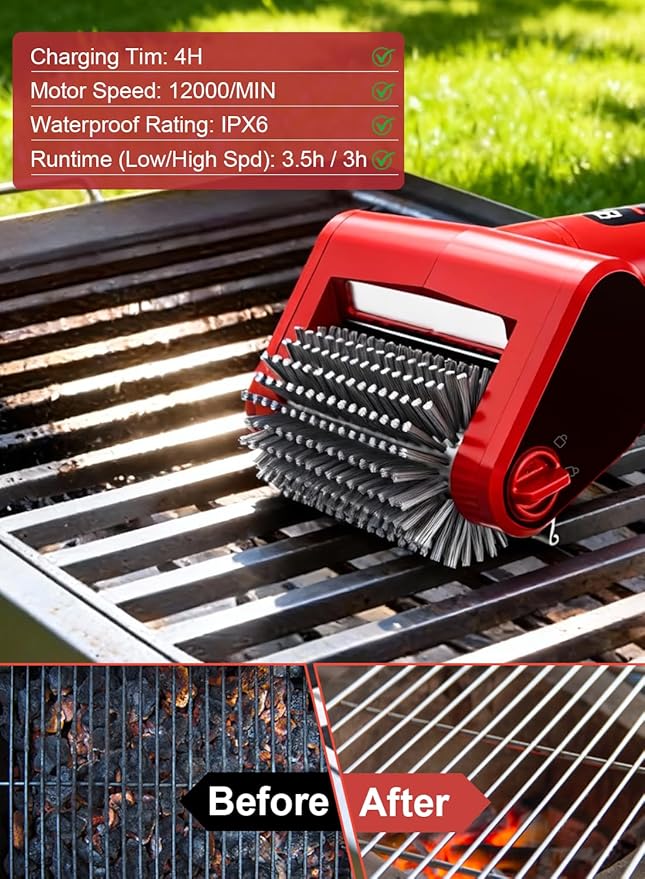 Electric Rechargeable Grill Brush, 650RPM Spinning Stainless Steel Bristle BBQ Brush, Bristle-Free Grill Cleaner for Outdoor & 2 PCS Scouring Pads - Heavy Duty Cordless Electric Tool with LED Light