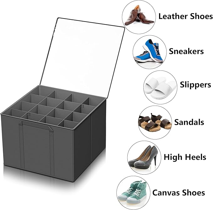 SUOCO 2 Pack Shoe Organizer for Closet, Fits up to 32 Pairs, Small Space Shoe Storage Boxes Bins Containers w/Adjustable Dividers and Clear Top, Grey