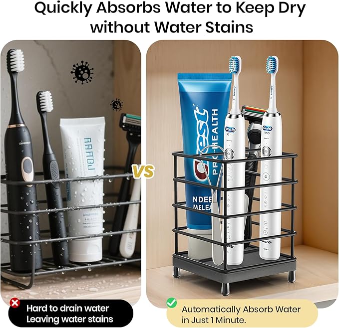 Toothbrush Holders with Quick Drying Mat—Black DiatomiteToothbrush and Toothpaste Holder for Bathroom—3 Slots Openwork Design Bathroom Counter Organizer for Electric Toothbrush,Razor, Toothpaste