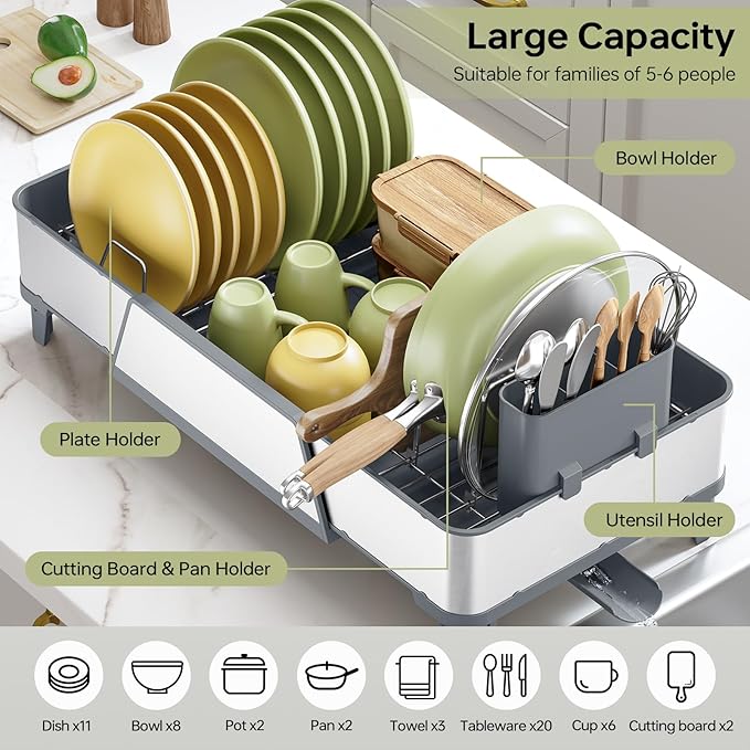 Large Dish Drying Rack - Triple Expandable Dish Rack for Kitchen Counter, Stainless Steel Sink Organization and Storage Essentials with Utensil & Pans Holder for Home and Appartment, Gray