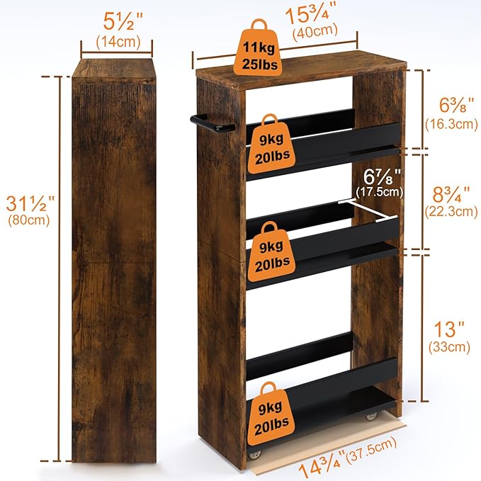 TEAMIX 4 Tier Slim Storage Cart with Handle, Slide Out Storage Rolling Utility Cart Mobile Shelving Unit Organizer Trolley for Small Spaces Kitchen Laundry Narrow Places